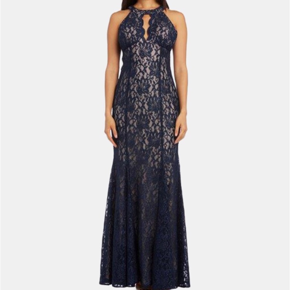 Navy blue Lace keyhole halter gown